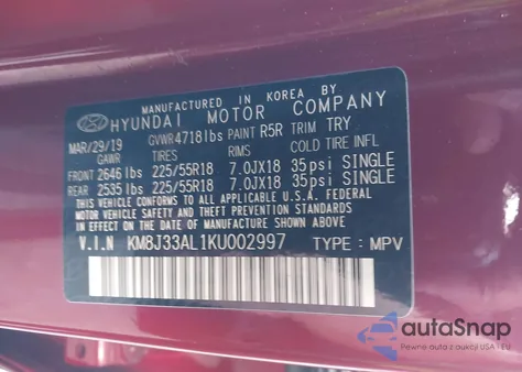 2019 Hyundai Tucson Ultimate from USA, damaged, VIN KM8J33AL1KU002997